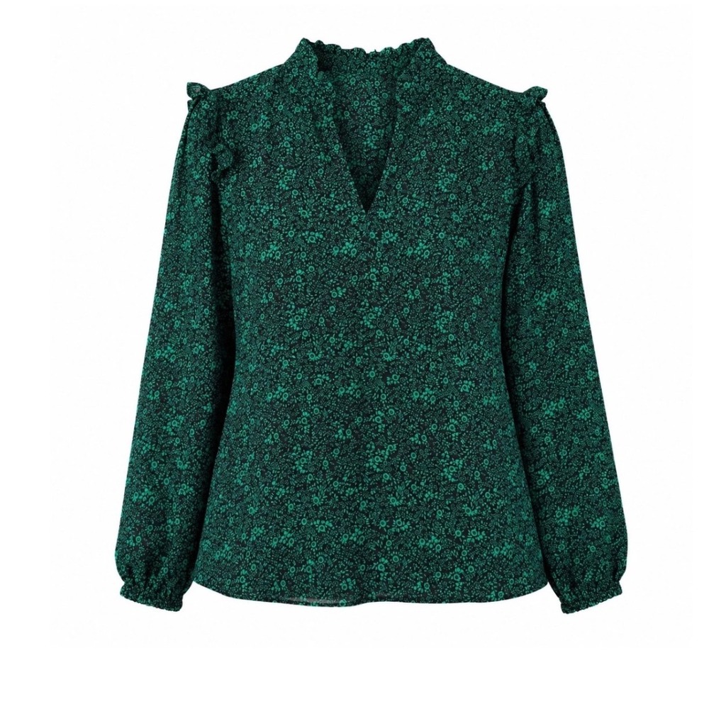 J.Crew Womens Teal Green Black Floral Ruffle V-Neck Blouse Large L Long Sleeve